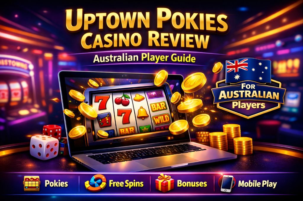 Uptown Pokies casino review for Australian players showing slot machine and bonus coins