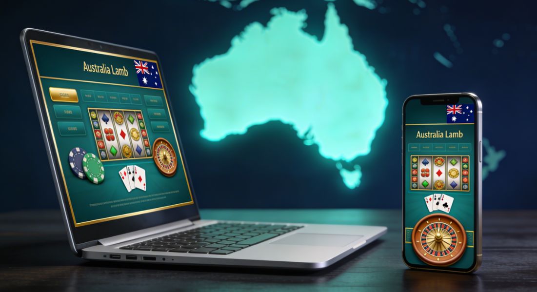 Modern Australian online casino review concept showing a laptop and smartphone on a dark desk with pokies, cards, roulette icons and a glowing outline of Australia in navy, emerald green and gold tones for top casinos in Australia: Fair Go, Ozwin, Ripper, Woo, Bizzo, National & King Billy