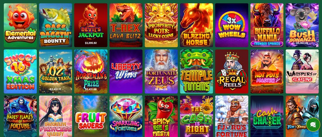 RTG pokies title collage featuring Cash Bandits, Aztec’s Millions, T-Rex Wild, Megasaur, Witch’s Brew, and Lucky Larry’s Lobstermania.