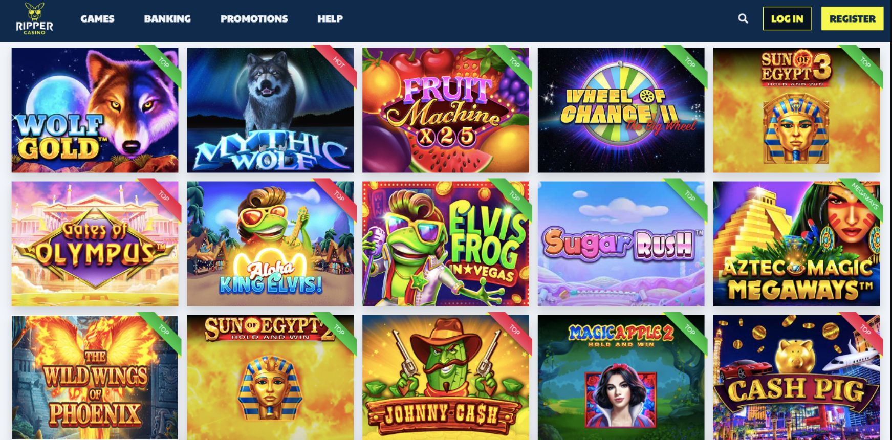 Alt text: Ripper Casino online pokies lobby showing popular slot games like Wolf Gold, Gates of Olympus, Sugar Rush, Aztec Magic Megaways and Cash Pig.