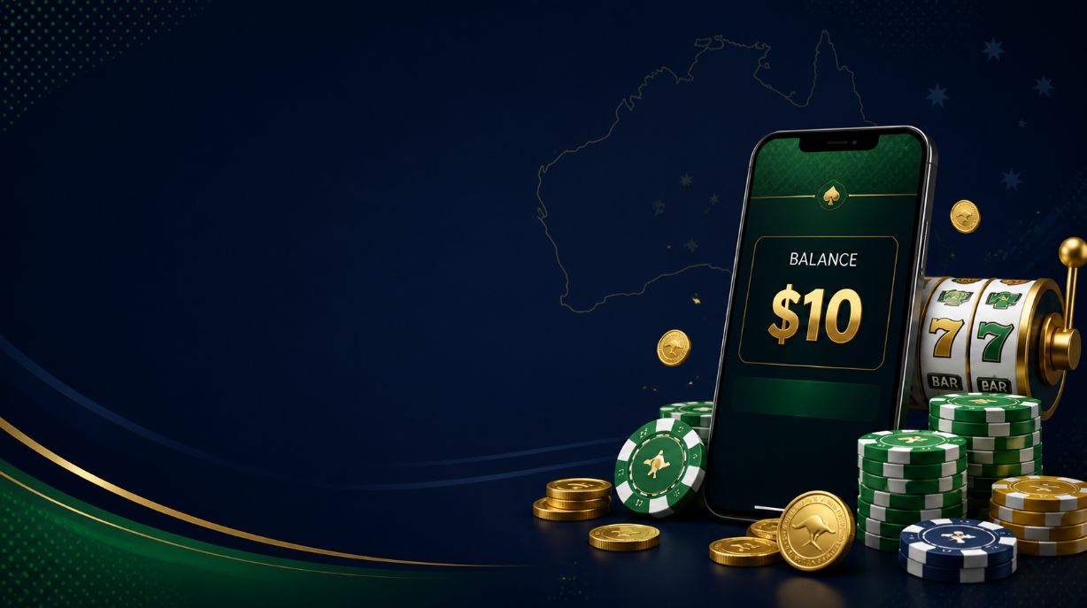 Modern Australian low minimum deposit casino banner showing a smartphone with a small $10 balance beside slot reels, chips and coins on a dark navy background.