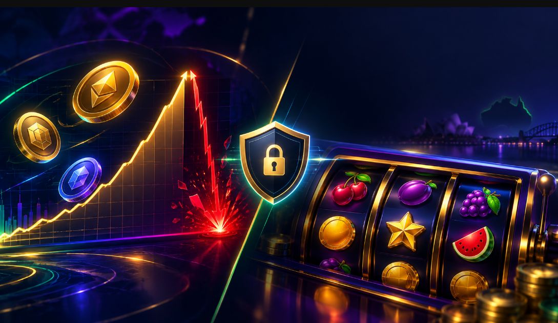 Crypto casino crash games versus online slots illustration for Australian players, featuring a multiplier graph, slot reels and online gambling security shield