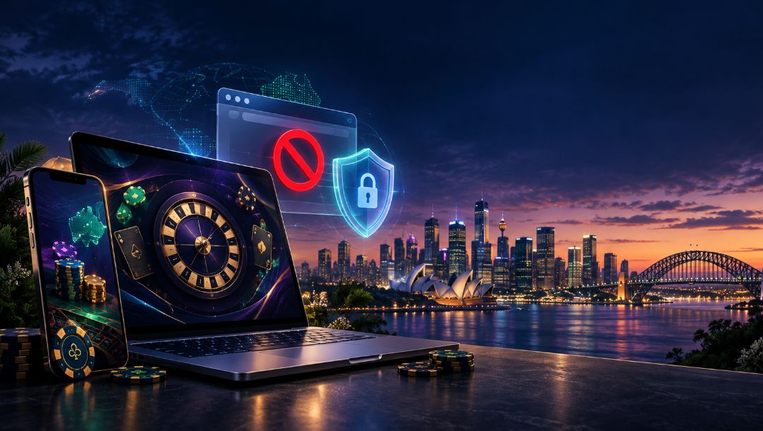 Australian offshore casino guide illustration showing online casino games, digital security shield and blocked website access on mobile devices